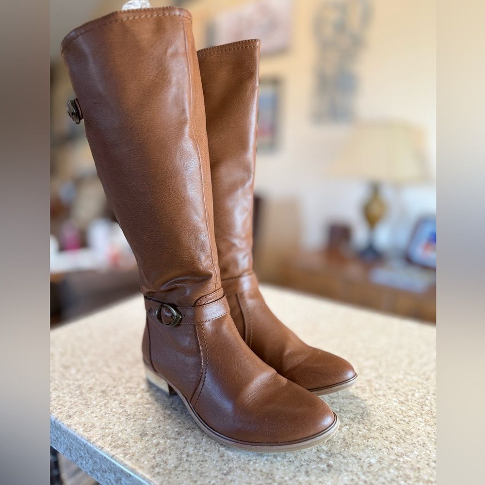 BARE TRAPS Elegant Vegan Leather Wide Calf Brown Riding Boots